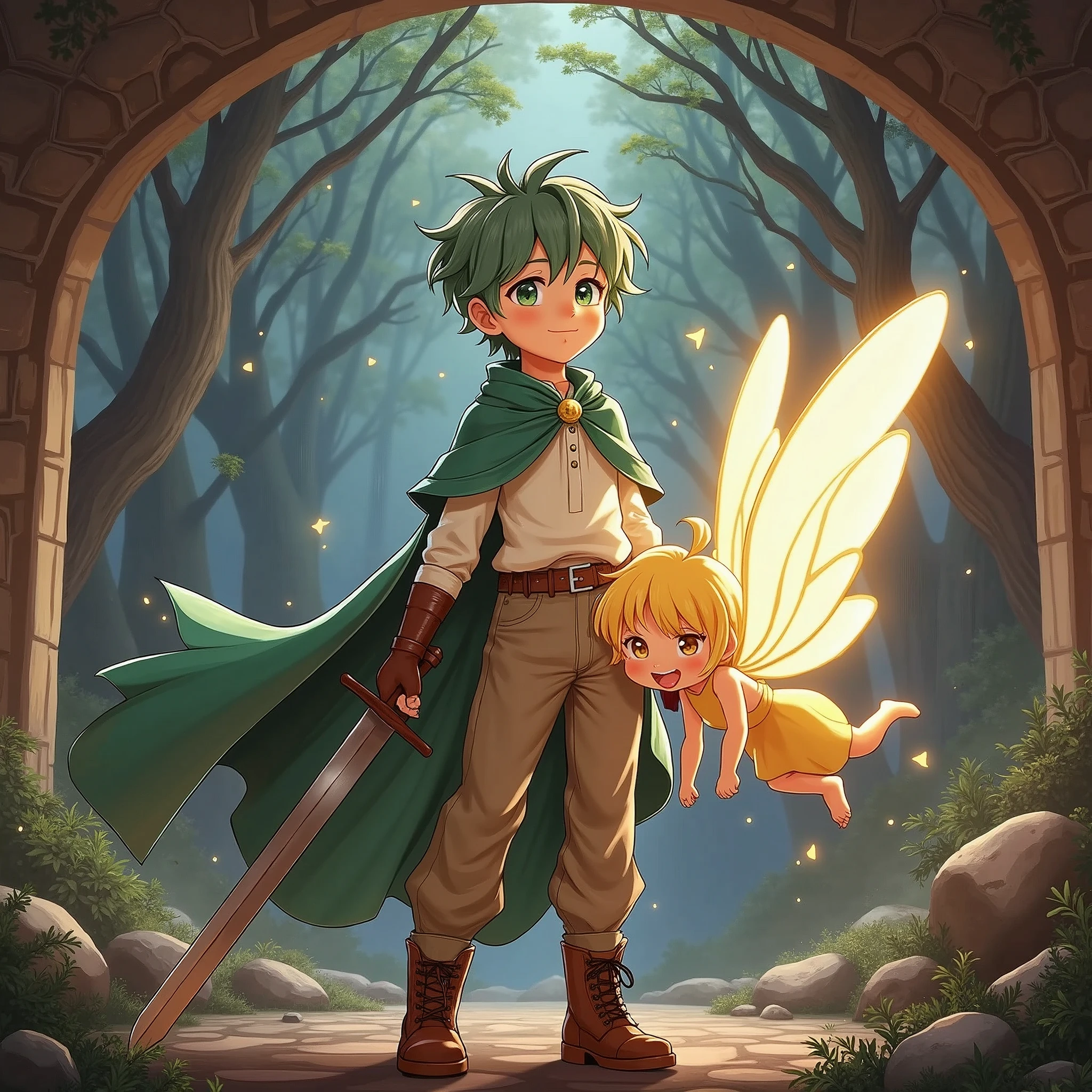 Riku: 〜18-year-old、Short green hair、Green Cape(Center button)、Off-white clothing、Brown trousers(The hem is not rolled up)、Brown boots、right handed、The sword is sheathed at the waist。
thread: small, Cute human shaped fairy、Shiny Gold。
シーンの描写
Rikuとthreadが精霊の泉に辿り着き、threadが金色の光を放ちながらRikuの前に浮かんでいる様子。Rikuは泉をbackgroundに立っており、threadに向かって穏やかな表情で見つめています。Rikuは右足を前に出して歩くようなポーズで描かれています。background、There is a spring with a mysterious atmosphere.、The area is surrounded by abundant nature..。