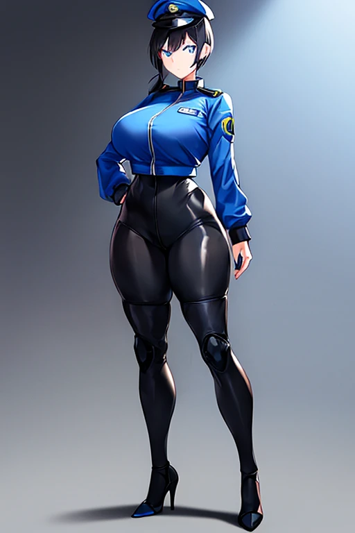 1girl, black hair, short hair, ponytail, long ponytail, blue eyes, large breasts, toned, hourglass figure, serious, blue jacket, bodysuit, black bodysuit, policewoman, police hat, police, neon, neon trim, futuristic, science-fiction, machinery, tech, full_body, ((full body))z standing, high heels