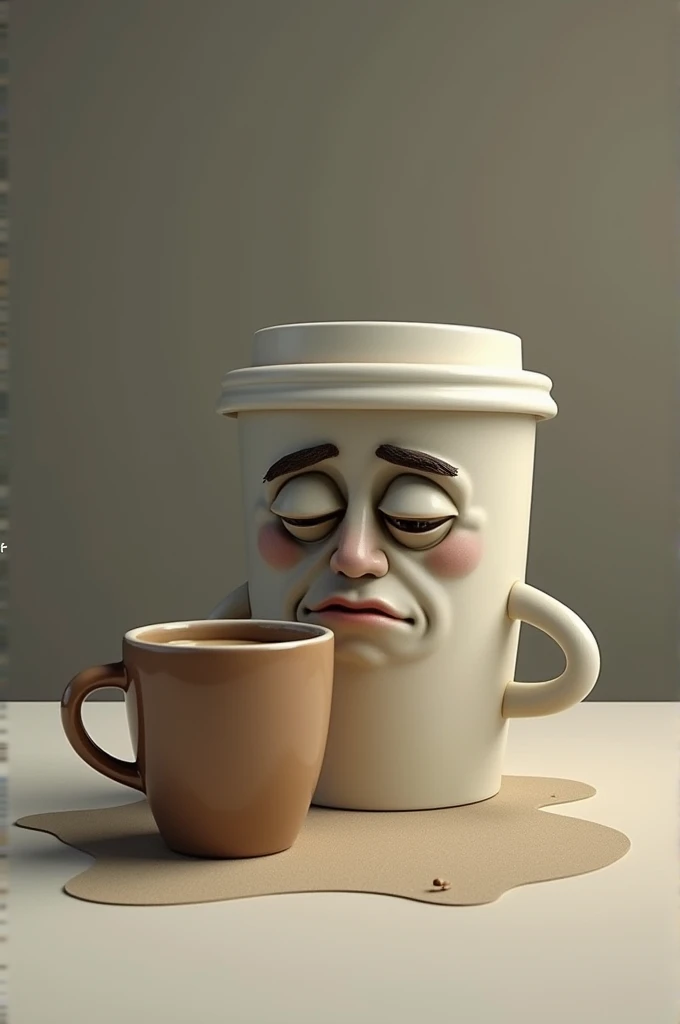 A cup of coffee with a tired face, with another cup of coffee next door.