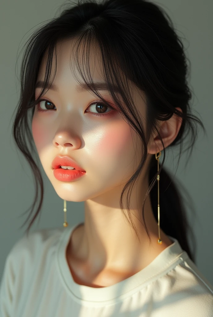Dressed、(Photo realistic:1.4)、(Surreal:1.4)、(Real Stick:1.3)、 (Smoother lighting:1.05)、(映画の照明Improvement of quality:0.9)、32K、 One girl、19 years old、Realistic lighting、Backlight、Facial Light、Ray-tracing、(Bright light:1.2)、(Improvement of quality:1.4)、 (Highest Quality Real Texture Skins)、Beautiful Eyes、Detailed painted face、 (tired, Sleepy and satisfied:0.0)、Close-up face、T-Shirts、 (Improve your body line mood:1.1)、Glowing Skin、actress、Korean Idol、Nogizaka Idol、Gravure idol pose