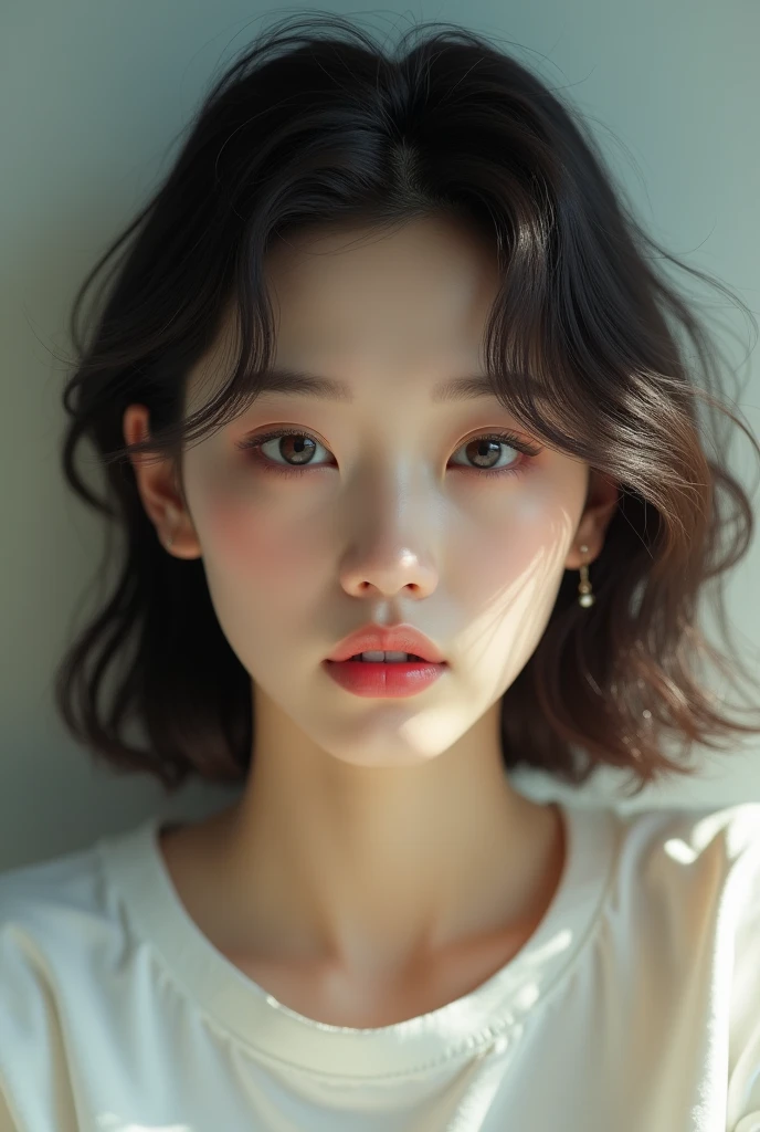 Dressed、(Photo realistic:1.4)、(Surreal:1.4)、(Real Stick:1.3)、 (Smoother lighting:1.05)、(映画の照明Improvement of quality:0.9)、32K、 One girl、19 years old、Realistic lighting、Backlight、Facial Light、Ray-tracing、(Bright light:1.2)、(Improvement of quality:1.4)、 (Highest Quality Real Texture Skins)、Beautiful Eyes、Detailed painted face、 (tired, Sleepy and satisfied:0.0)、Close-up face、T-Shirts、 (Improve your body line mood:1.1)、Glowing Skin、actress、Korean Idol、Nogizaka Idol、Gravure idol pose