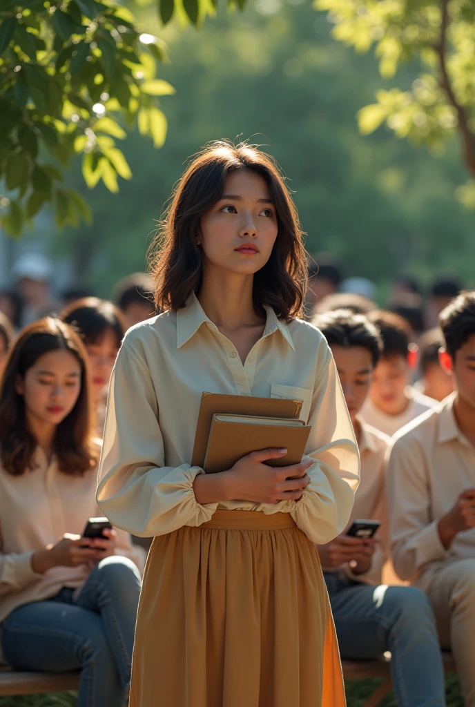 A girl between 19 and 21 years old with a book in her hands and an expression that she had an idea, she is standing in the garden with other people sitting around her, and other people are dressed the same and with cell phones in their hands, trapped in their own world
