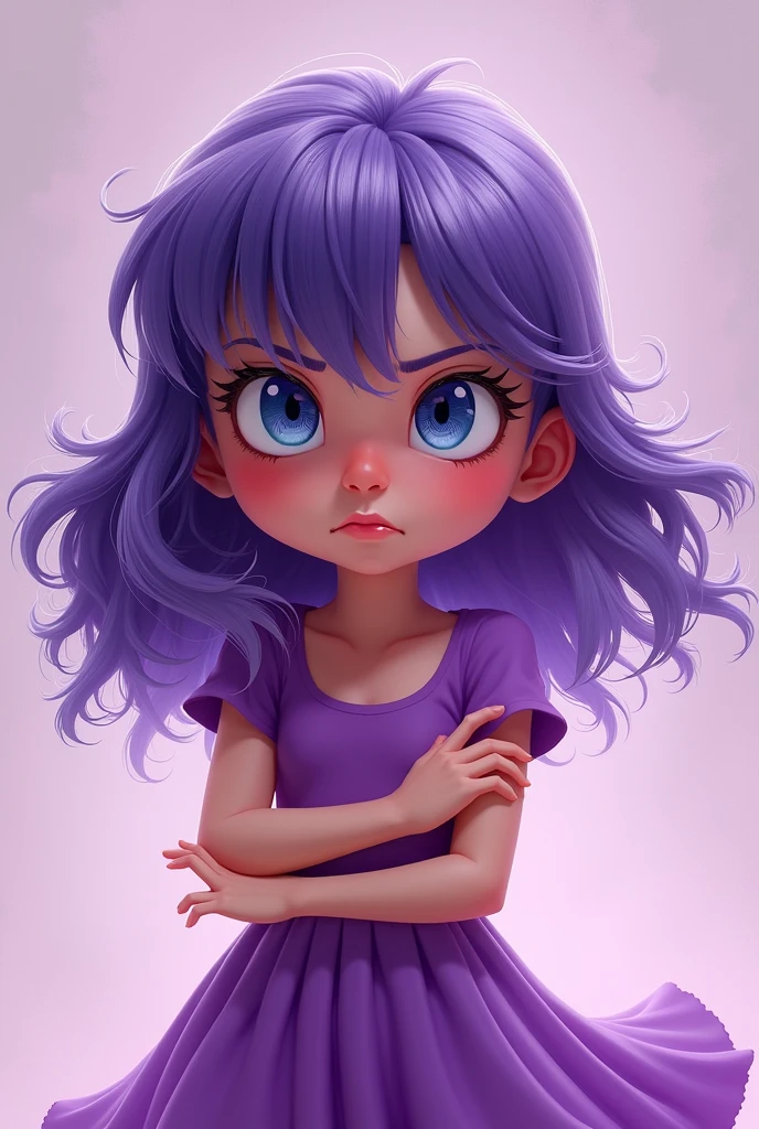 I need a purple emotion with an annoyed face, purple dress and purple hair with blue eyes smaller like a girl but lively