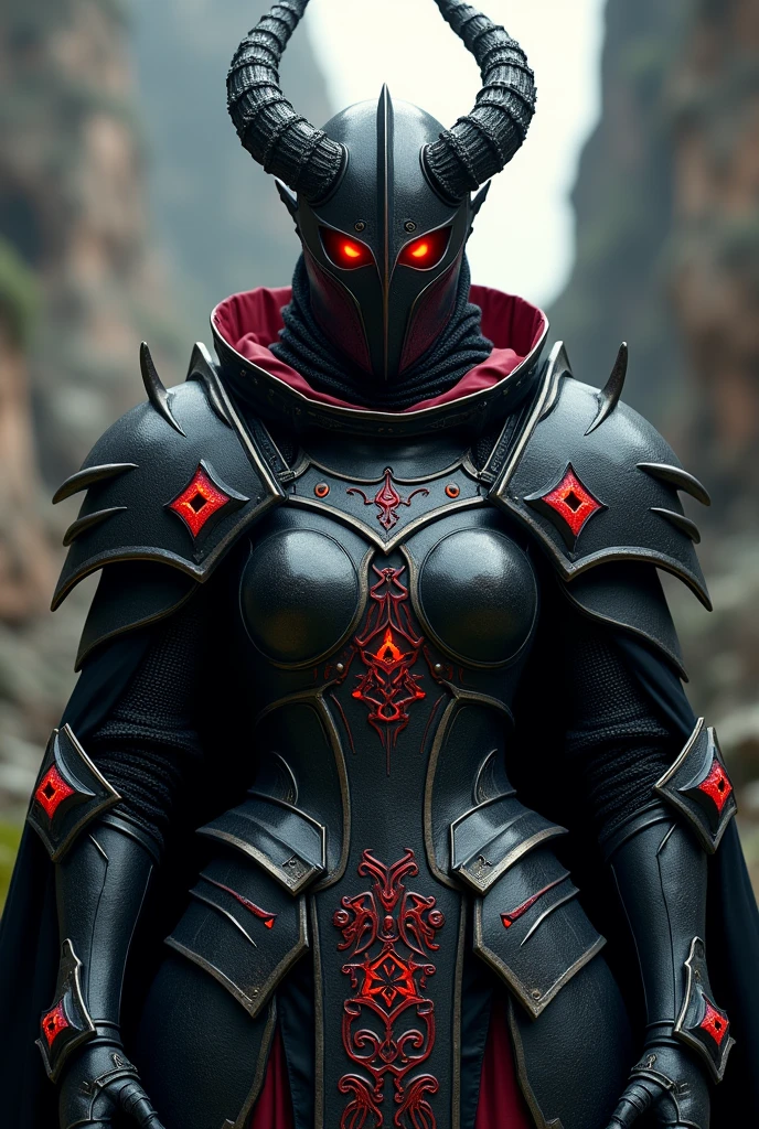 Visualize a female knight clad in black armor that appears to have been forged in the depths of a volcanic mountain. The armor is massive and composed of thick, robust plates., with sharp edges that seem capable of cutting the air itself. The red details are not just decorative, but emit a slight glow, as if imbued with an arcane power.
The helmet has an intimidating shape, with long, twisted horns emerging from the sides, giving it an almost demonic appearance. The helmet visors are narrow, revealing only a flash of fiery red eyes, which increases its aura of mystery and danger. The chest of the armor is carved with ancient runes in bright red, that beat with their own energy, suggesting that the armor is alive or enchanted.
The gauntlets are armed with sharp claws, and the shoulders have huge shoulder pads, decorated with metal skulls or sharp spikes. The black cloak he wears is heavy and made of a thick material that billows heavily with every movement., and is lined with a dark red like blood. The cape looks almost like a cloak of darkness surrounding the knight., giving him a presence that fills the scene with his mere appearance.
This armor is not only a symbol of defense, but also of destruction, Designed to strike fear into the hearts of her enemies before she even unsheathed her sword..