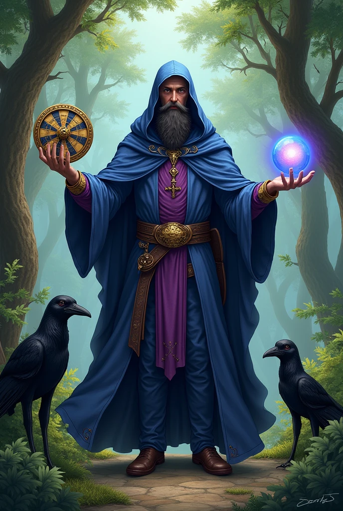 medieval magician,  dressed in a blue tunic and hood, purple shirt, blue pants, with the wheel of fortune cards in the right hand and a crystal ball in the left hand. In the forest with a crow and a black dog.
