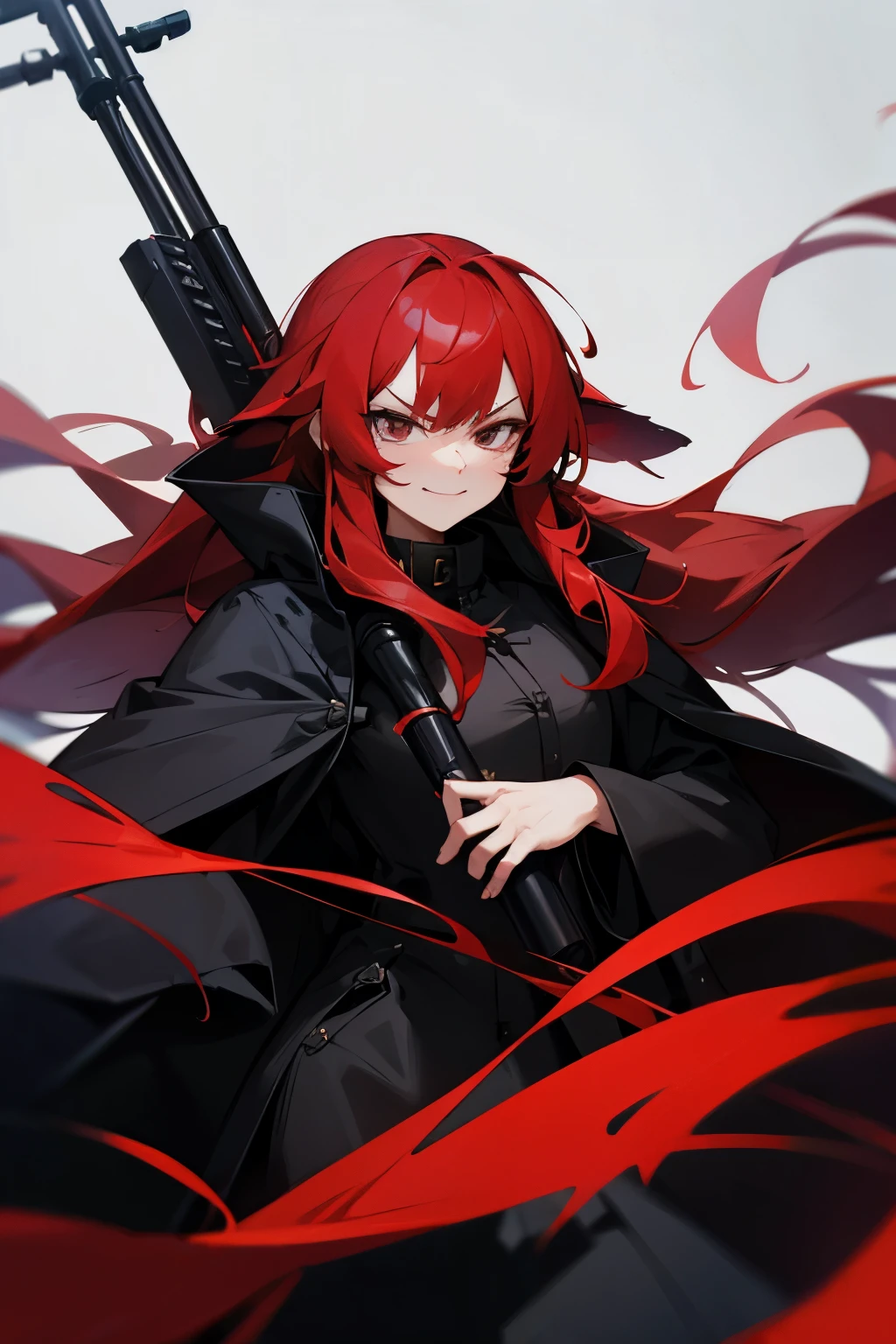 black eye.smile, Inner Color, Hide your ears, Angry, Long Hair, chest, Red hair, Black long coat,sniper rifle