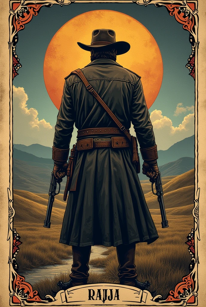Tatuagem em formato de carta de tarô baseado em red dead redemption onde o cowboy se encontra de costas com suas armas em punho e outra em seu ombro