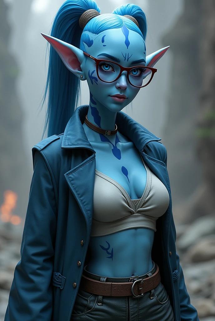 A beautifull star wars light blue twi'leek woman, she is thick and has very light blue eyes, she has dark blue patterns in her skin. She wears glasses and a cropped that shows her midriff, baggy high waist pants and a long open coat above all
