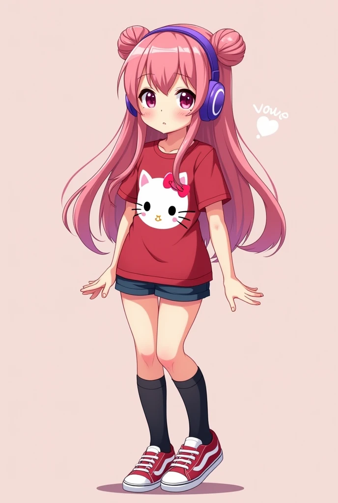 A kawaii girl with pink hair with buns on the sides, medium chest, Slender waist and long, defined legs with thighs. Wearing Vans-style tennis clothes with black knee-high socks that squeeze the thigh., Red tight-fitting anime print t-shirt with purple kitty headphones Pink round eyes Hazelnut shape Full body