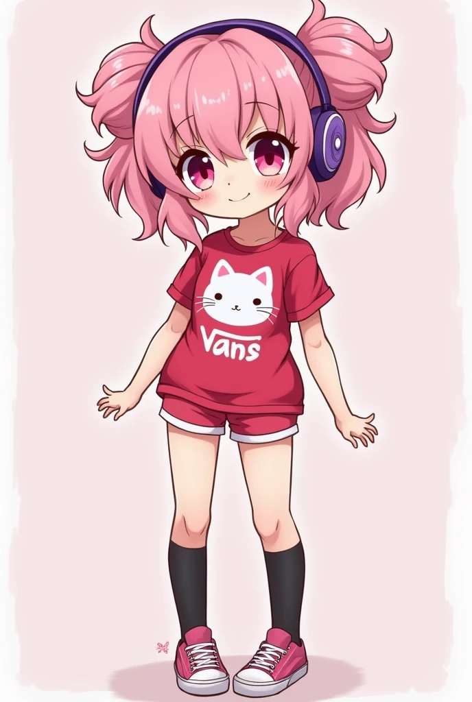 A kawaii girl with pink hair with buns on the sides, medium chest, Slender waist and long, defined legs with thighs. Wearing Vans-style tennis clothes with black knee-high socks that squeeze the thigh., Red tight-fitting anime print t-shirt with purple kitty headphones Pink round eyes Hazelnut shape Full body