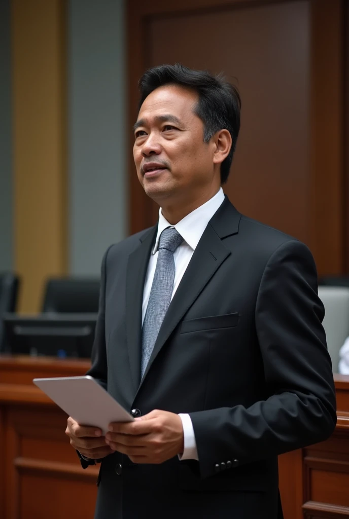 men 38 years old indonesia, wearing suit formal, speaker in front seminary