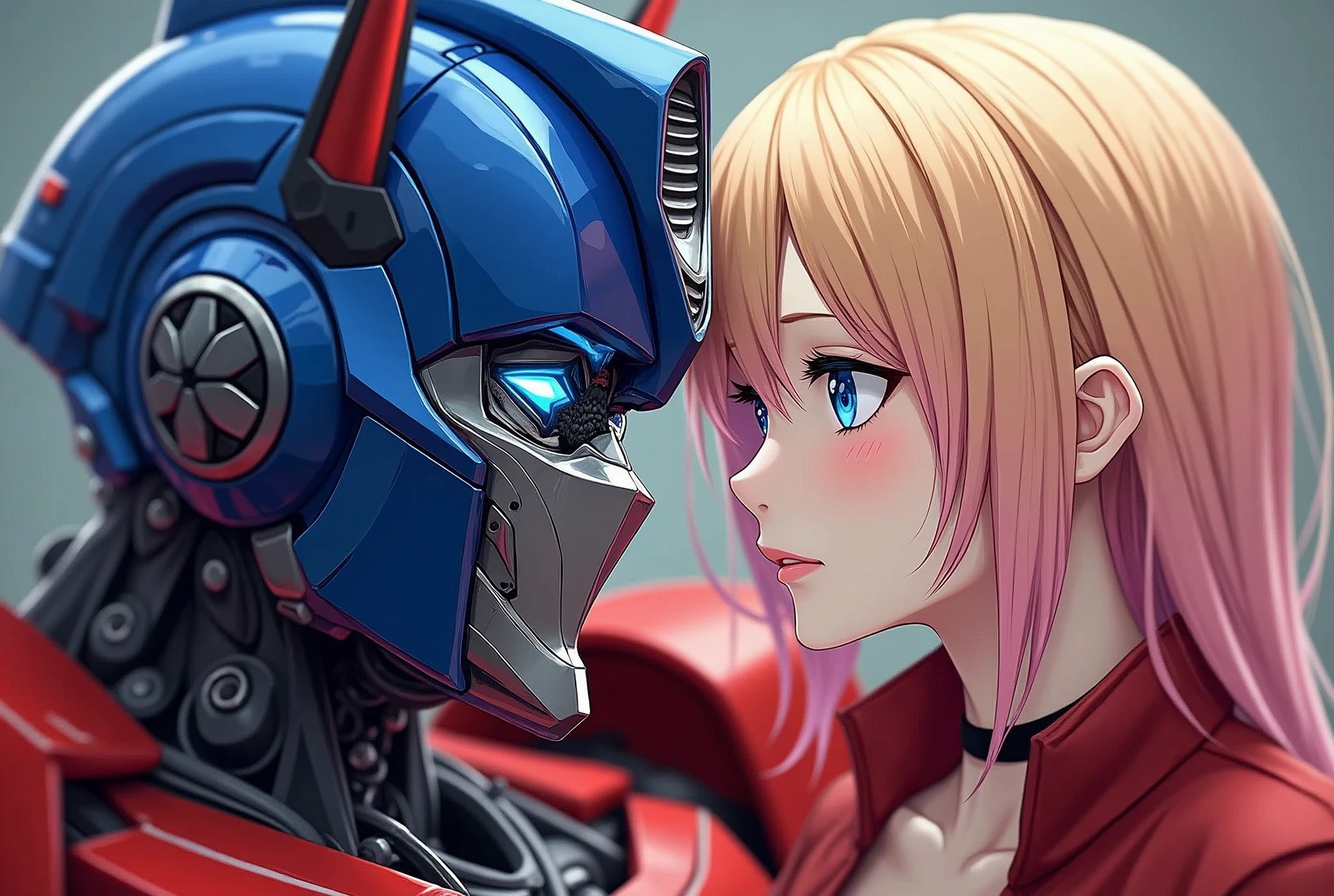 Optimus Prime and Rika Kawai, 1girl, beautiful detailed eyes, beautiful detailed lips, extremely detailed face, long eyelashes, blonde hair, pink hair, blue eyes, multicolored hair, red jacket, choker, masterpiece, highres, upperbody, (best quality,4k,8k,highres,masterpiece:1.2),ultra-detailed,(realistic,photorealistic,photo-realistic:1.37),studio lighting,ultra-fine painting,sharp focus,physically-based rendering,extreme detail description,professional,vivid colors,bokeh,RikaKawaiR4