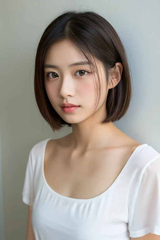 lens: 135mm f1.8,(Highest quality), (Beautiful 14 year old Japanese girl), (Moisturized lips), Narrow eyes, double eyelid,Delicate clavicle,Flat Chest,Very short hair,
(Let me me me me'Let me me me'Let me me'Let me'Let's take another look), shame, A faint smile,
(In front of a white wall:1.2), Professional Lighting,
(Japanese 、Sheer white T-shirt), (Sunburned skin:0.2),Full body photo、Full Body Focus