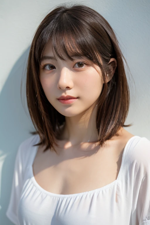 lens: 135mm f1.8,(Highest quality), (Beautiful 14 year old Japanese girl), (Moisturized lips), Narrow eyes, double eyelid,Delicate clavicle,Flat Chest,Very short hair,
(Let me me me me'Let me me me'Let me me'Let me'Let's take another look), shame, A faint smile,
(In front of a white wall:1.2), Professional Lighting,
(Japanese 、Sheer white T-shirt), (Sunburned skin:0.2),Full body photo、Full Body Focus
