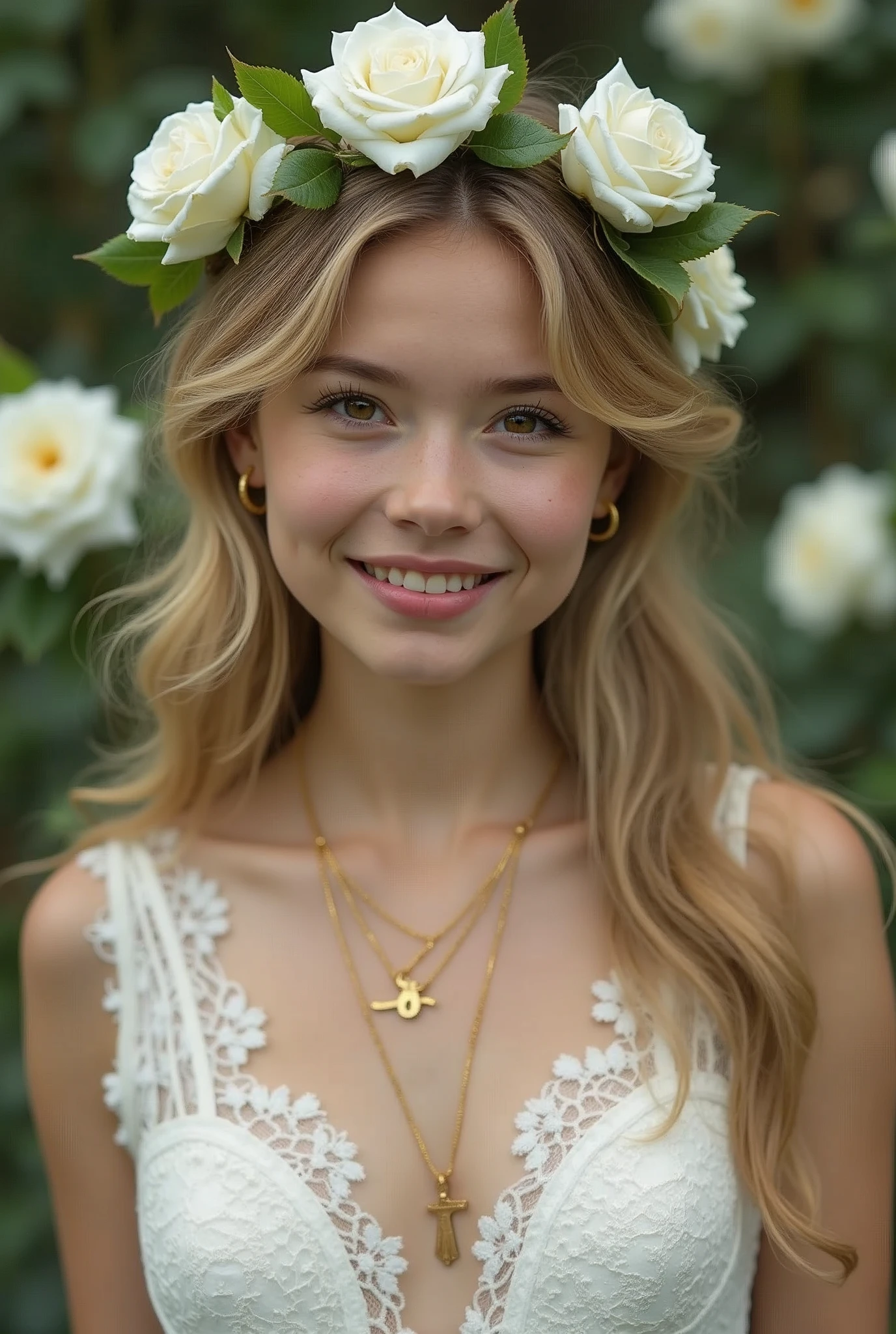 Rose line ,White Rose, Scottish girl, another lost Holy Grail, ((many White rose Flower on park:1.3)), looking at viewer, Scottish woman , 18 age old, (gold hair, middle hair, , fringe brown eyes, beautiful lip, big smile), gold crescent earrings, gold neckless, ((white flower crown, little Rose crown )), (big breasts, slender whist, wide hip) ,((White lace Wedding dress, White Hi-heal)), in London Church, textured skin , HI detailed skin, (foreshortening, Canon, UHD, anatomically correct, super detail, high details, highness,