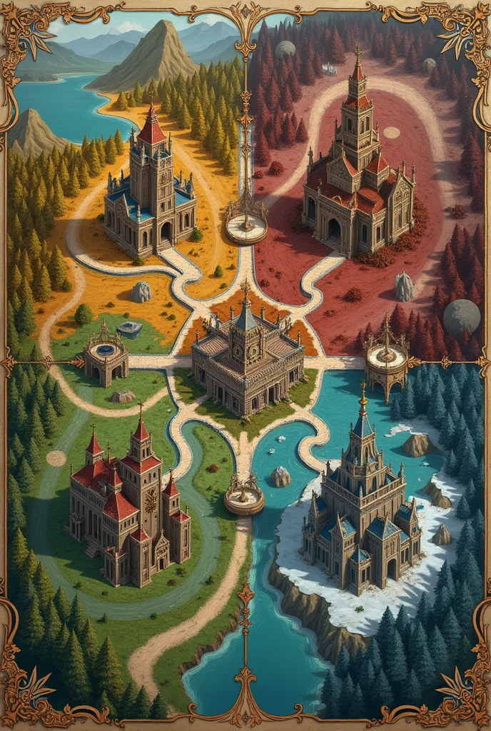 Design a medieval map where it is divided into four sections based on the four seasons (summer, spring, autumn and winter) and each one has a temple that would be like its kingdom