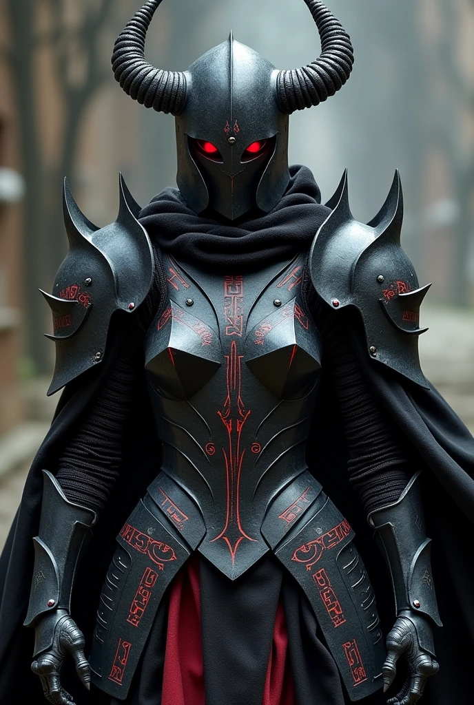 Visualize a female knight clad in black armor that appears to have been forged in the depths of a volcanic mountain. The armor is massive and composed of thick, robust plates., with sharp edges that seem capable of cutting the air itself. The red details are not just decorative, but emit a slight glow, as if imbued with an arcane power.

The helmet has an intimidating shape, with long, twisted horns emerging from the sides, giving it an almost demonic appearance. The helmet visors are narrow, revealing only a flash of fiery red eyes, which increases its aura of mystery and danger. The chest of the armor is carved with ancient runes in bright red, that beat with their own energy, suggesting that the armor is alive or enchanted.

The gauntlets are armed with sharp claws, and the shoulders have huge shoulder pads, decorated with metal skulls or sharp spikes. The black cloak he wears is heavy and made of a thick material that billows heavily with every movement., and is lined with a dark red like blood. The cape looks almost like a cloak of darkness surrounding the knight., giving him a presence that fills the scene with his mere appearance.

This armor is not only a symbol of defense, but also of destruction, Designed to strike fear into the hearts of her enemies before she even unsheathed her sword..