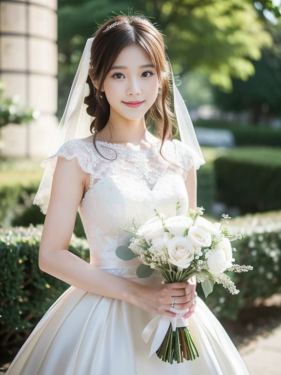 Photo-realistic quality、a woman in a Wedding dress holding a bouquet of flowers、Standing in front of the church、20 year old Japanese model、白のWedding dress,Hanae Mori style wedding dress、Japan idols at 20 years old、lace prom dresses、looking at the camera、Detailed and beautiful eyes、Cute smile、Relaxed and gentle expression、a close up of a woman in a Wedding dress holding a bouquet, Wedding dress, So magical and dreamy、Blur the background a lot、300mm F2.Shot with 8 lenses