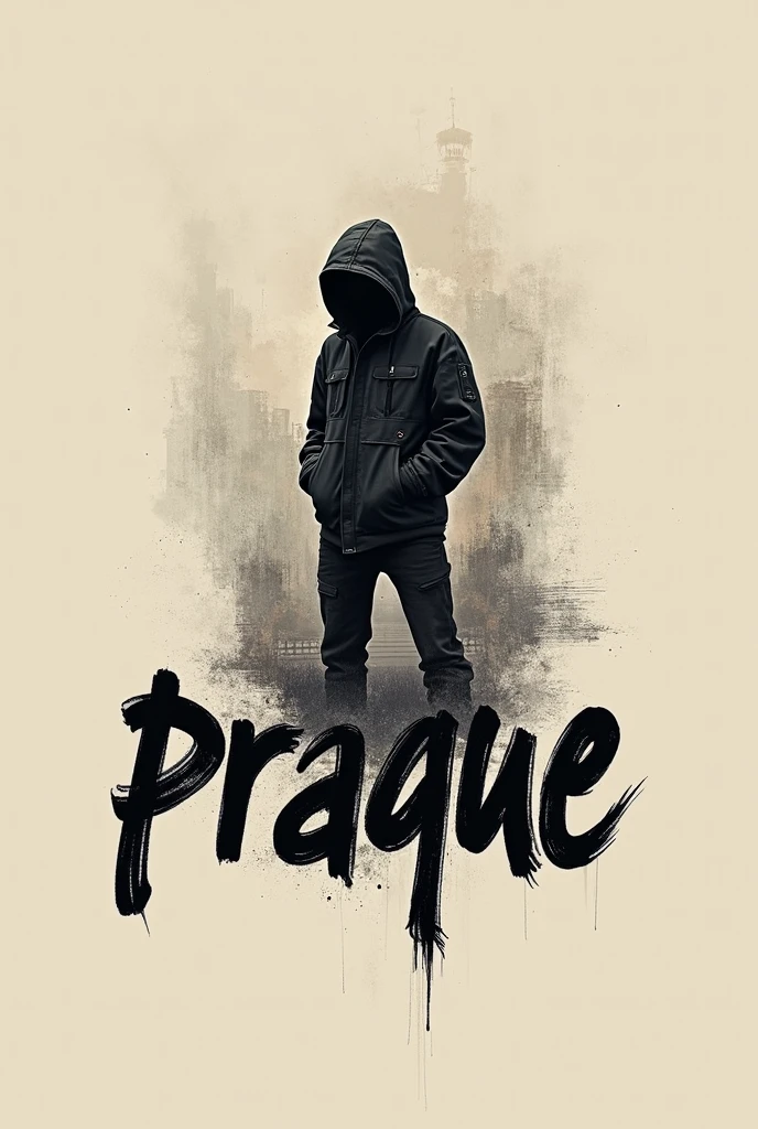 create a clothing brand logo with the name "prague" streetwear style with a not so detailed background character, half scribbled 
