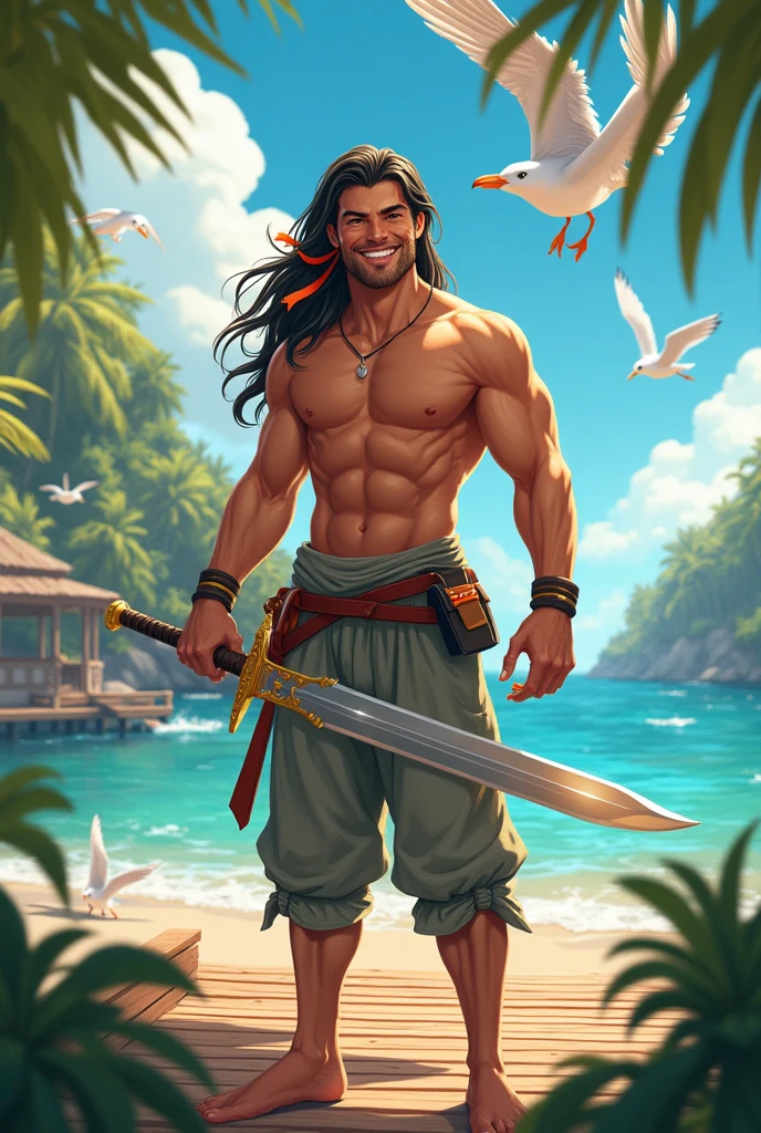 Fantasy style, brunette, sword, tropical, seagulls, looking at viewer, dock, seascape, sunny, male, smiling, hair ribbon, honey eyes