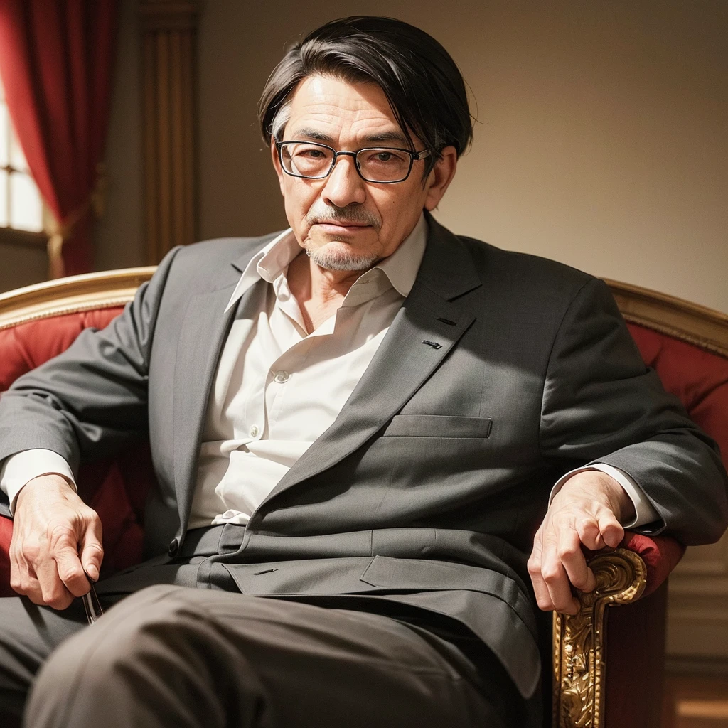an elderly man adult, tie, wearing glasses and black hair, sitting on a sofa in a house, detailed portrait, realistic, photorealistic, 8k, ultra-detailed, masterpiece, dramatic lighting, cinematic, warm color tones, high quality