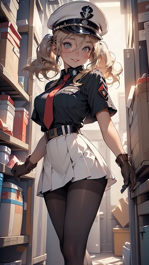 1girl,
(large breasts:1.4),((((blonde hair,hair between eyes,long hair,sidelocks,twintails)))),(((grey_eyes:1.3))),intricate eyes,beautiful detailed eyes,symmetrical eyes,((((lustrous skin:1.5,tanned skin,bright skin: 1.5,skin tanned,shiny skin,very shiny skin,shiny body,Reflective skin)))),(spider lower abdomen,narrow waist,wide hip,athletic body,inflated legs,thick thighs,(detailed face)),beautiful detailed lips,
cute,slutty,sensual,seductive look,seductive,((erotic)),opulent,sumptuous,((nsfw)),
(anchor ornament),(black gloves,gloves),(black pantyhose,panties,panties under pantyhose,pantyhose,underwear),(high collar,capelet,two-tone capelet,red capelet,white capelet,celtic knot,impossible clothes),(necktie,short necktie,cross,iron cross),(hat,military hat,peaked cap,white headwear,white hat),((military uniform,uniform)),((skirt,black skirt,miniskirt,pleated skirt)),
(flirtatious pose:1.3), looking at viewer,smile,centered,scale to fit dimensions,Rule of thirds,
indoor((Nazi bunker,room, dark bunker, swastika,depths of a steampunk bunker)),scenery:1.25,((intricate scenery)),
(Glossy steampunk ornaments),highres,sharp focus,(ultra detailed,extremely detailed),(photorealistic artwork:1.37),(extremely detailed CG unity 8k wallpaper),(((vibrant colors,vibrant theme))),(intricate),(masterpiece),(best quality),artistic photography,(photography taken by sldr),(intricate background),perfect rendered face,perfect face details,realistic face,photo realistic,((intricate detail)),(((realism))),