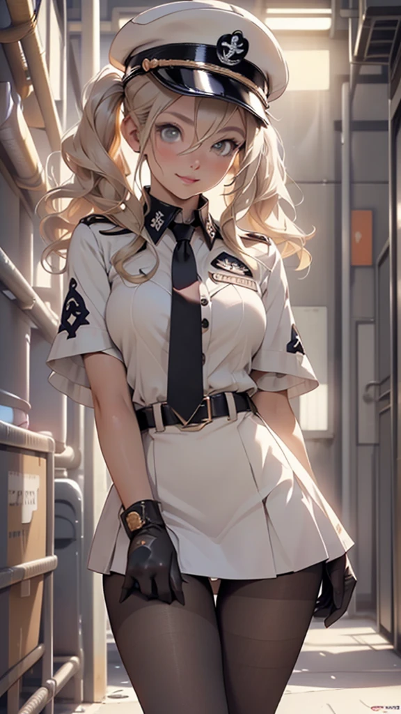 1girl,
(large breasts:1.4),((((blonde hair,hair between eyes,long hair,sidelocks,twintails)))),(((grey_eyes:1.3))),intricate eyes,beautiful detailed eyes,symmetrical eyes,((((lustrous skin:1.5,tanned skin,bright skin: 1.5,skin tanned,shiny skin,very shiny skin,shiny body,Reflective skin)))),(spider lower abdomen,narrow waist,wide hip,athletic body,inflated legs,thick thighs,(detailed face)),beautiful detailed lips,
cute,slutty,sensual,seductive look,seductive,((erotic)),opulent,sumptuous,((nsfw)),
(anchor ornament),(black gloves,gloves),(black pantyhose,panties,panties under pantyhose,pantyhose,underwear),(high collar,capelet,two-tone capelet,red capelet,white capelet,celtic knot,impossible clothes),(necktie,short necktie,cross,iron cross),(hat,military hat,peaked cap,white headwear,white hat),((military uniform,uniform)),((skirt,black skirt,miniskirt,pleated skirt)),
(flirtatious pose:1.3), looking at viewer,smile,centered,scale to fit dimensions,Rule of thirds,
indoor((Nazi bunker,room, dark bunker, swastika,depths of a steampunk bunker)),scenery:1.25,((intricate scenery)),
(Glossy steampunk ornaments),highres,sharp focus,(ultra detailed,extremely detailed),(photorealistic artwork:1.37),(extremely detailed CG unity 8k wallpaper),(((vibrant colors,vibrant theme))),(intricate),(masterpiece),(best quality),artistic photography,(photography taken by sldr),(intricate background),perfect rendered face,perfect face details,realistic face,photo realistic,((intricate detail)),(((realism))),