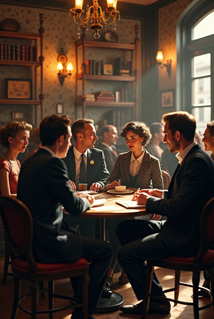Create a detailed, hyper-realistic scene depicting a vibrant intellectual gathering in a Parisian café or literary salon during the 1950s. The setting should capture the bohemian atmosphere of the era, with elegant, vintage decor such as patterned wallpaper, wooden tables, and classic bistro chairs. The room should be filled with a diverse group of writers, artists, and intellectuals engaged in animated conversation. Some should be seated at tables with notebooks, typewriters, and coffee cups, while others stand in lively discussion. The walls could be adorned with bookshelves and artworks, reflecting the creative spirit of the time. The lighting should be warm and intimate, enhancing the ambiance of intellectual exchange and artistic inspiration. The scene should convey a sense of the cultural and literary vibrancy that defined Paris in the 1950s.