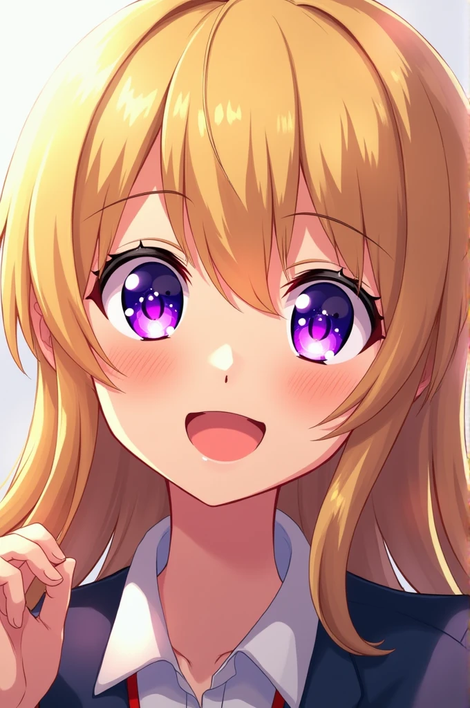 My Hero Academia girl with violet eyes, with a white star in each eye, blond hair, long and straight, smiling 
