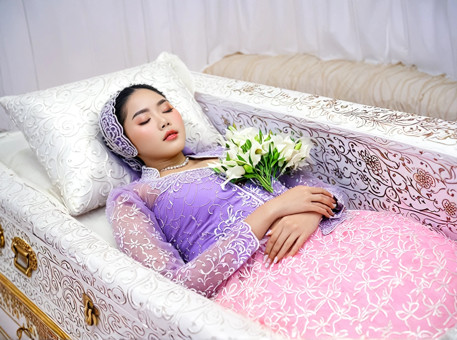 In a striking 8K HDR scene, a stunning Korean woman, 22 years old, lies peacefully in a long coffin and coffin lid beside the dead body. surrounded by plush pillows behind head. The deep box is set against a rich white background, accentuating the beauty of the subject. Her exquisite deep-V neckline kebaya attire is embroidered with superb detail, showcasing her round and firm breasts, perfect cleavage, and beautiful eyebrows. Her closed eyes and mouth give an air of serenity, while her visible and absolute cleavage leave nothing to imagination. The scene is bathed in saturated colors, highlighting every intricate aspect from the ball skirt to her clean face, straight body, detailed hand perfect hands, straight body, own hands together, own hand on stomach, detailed hands, perfect hands, holding the flowers