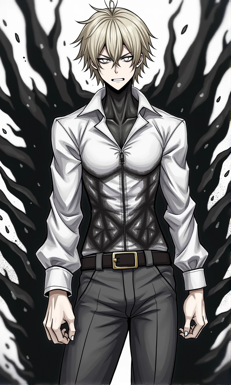 entity, masculine, adolescent, black and white, white eyes without pupils, blond hair, , athletic body, manga style, black aura coming out of his entire body, angry face, intimidating, Closed mouth, without upper garments, wounds, anime, 4k, White background