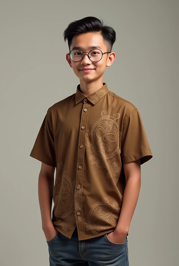 Photorealism An 18 year old Indonesian man with a smiling face, a short, thin body, wearing brown Indonesian batik with a short haircut (short slicked back) ,jeans wearing oval chrome glasses