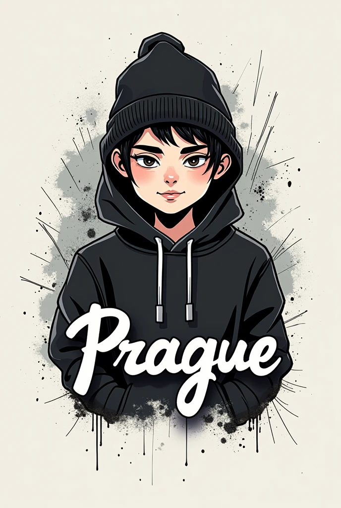 create a clothing brand logo with the name "prague" streetwear style with a not so detailed background character, half scribbled 
