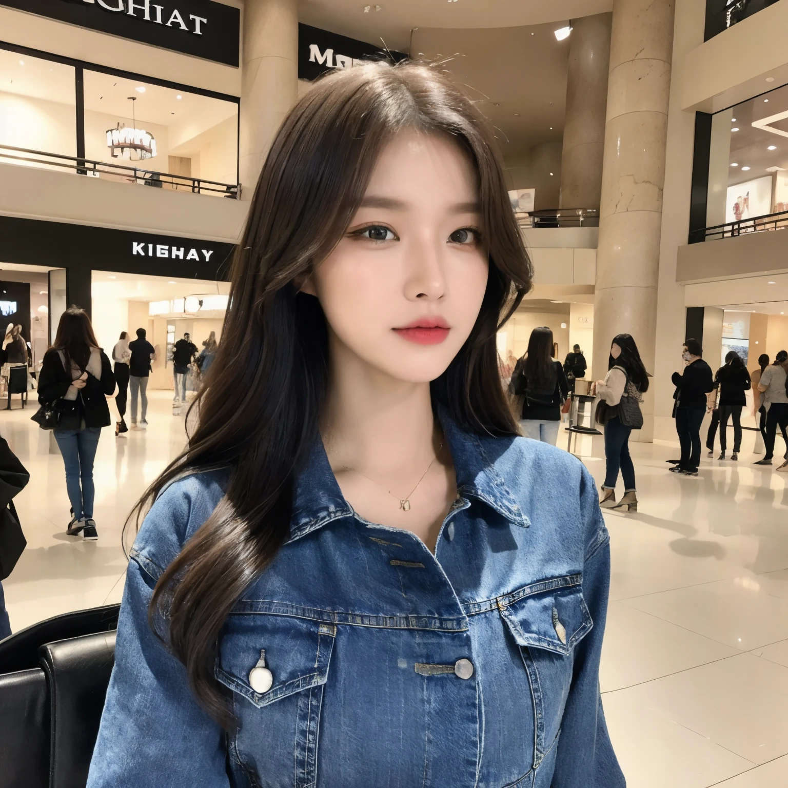 a beautiful girl wearing jean pants in a mall shopping, photorealistic, 8k, highly detailed, extremely realistic, gorgeous female protagonist, beautiful detailed eyes, beautiful detailed lips, extremely detailed face and features, long eyelashes, realistic skin texture, fashionable street style, shopping mall interior, high-end retail environment, bright natural lighting, warm color tones, cinematic composition, masterpiece