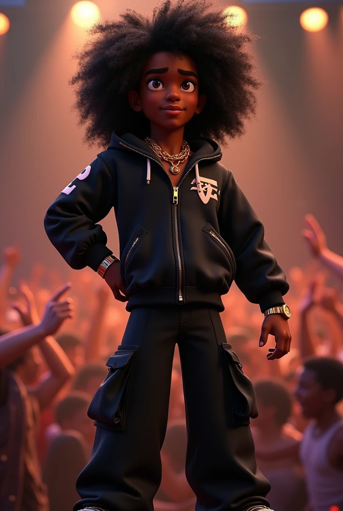 Disney Pixar (YOUNG BLACK MAN WITH LONG, CURLY BLACK HAIR) He is performing in a big show with a big crowd, in a black sports jacket with Wy Strong Sil writing, black wide pants with lots of pockets , black sneakers, many gold threads around the neck, gold watch on wrist,  ( It doesn&#39;t change the appearance of the face and the hair is already perfect) pixar, cool and stylish