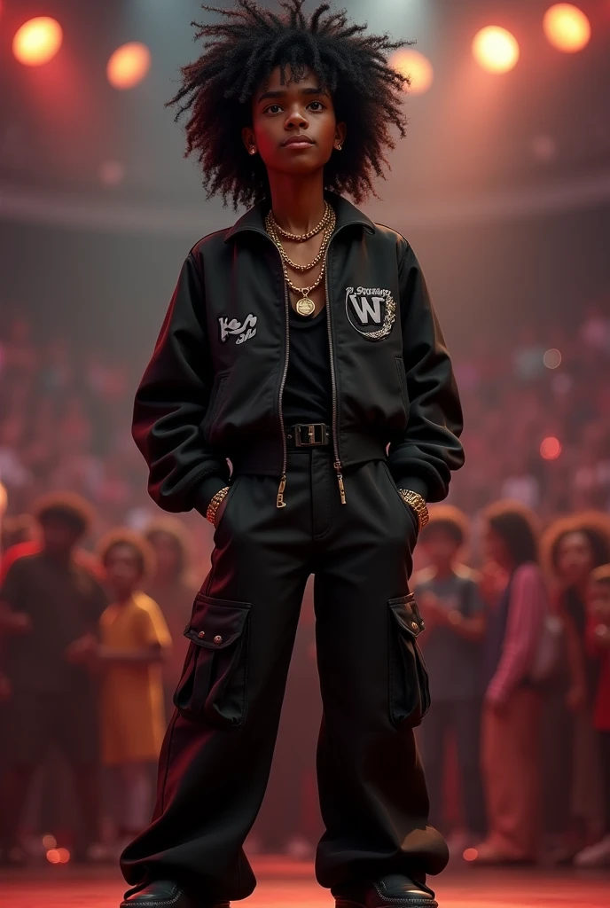 Disney Pixar (YOUNG BLACK MAN WITH LONG, CURLY BLACK HAIR) He is performing in a big show with a big crowd, in a black sports jacket with Wy Strong Sil writing, black wide pants with lots of pockets , black sneakers, many gold threads around the neck, gold watch on wrist, ( It doesn't change the appearance of the face and the hair is already perfect) pixar, cool and stylish