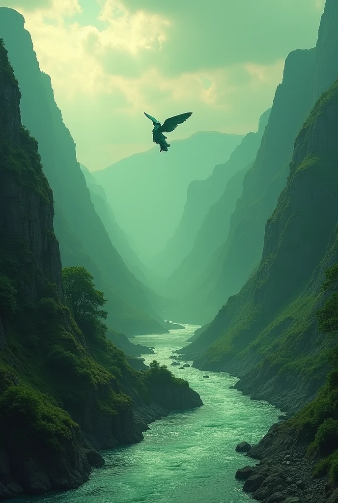 High green mountain in the middle a long river with a copper angel