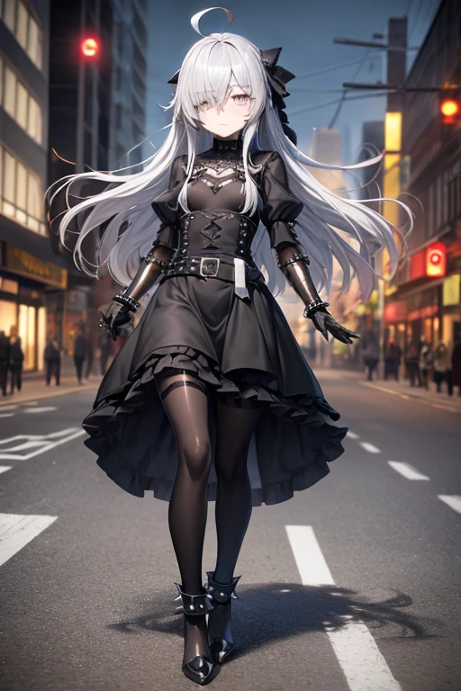 ((best quality)), ((masterpiece)), (detailed), 1 girl, full body, 18 years old, depressed face, silver eyes, blushing, silver hair, long hair, ahoge, bangs, lock of hair covering her right eye, full body, very tall, very small breasts, flat chest, thin body, grey hood, metal spikes, grey wristbands, long black gloves with spikes, grey gothic outfit, gothic lolita dress, puff sleeve, grey dress with metal spikes, metal emblem, somewhat tight, black belt, metallic skin, black pantyhose, black shoes, walking through the city, metal spikes coming out of the road, looking at me, city background, anime