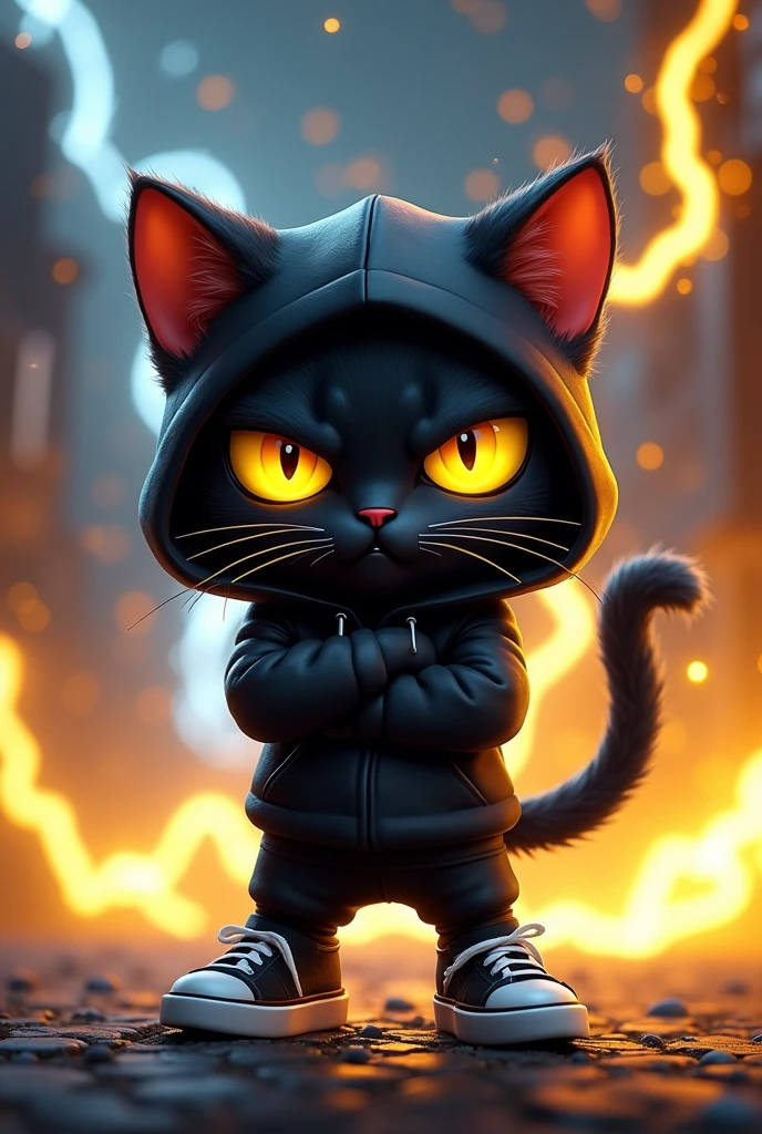 Create a cool wallpaper featuring a cute chibi-style black cat with yellow eyes in a lightning element theme, rendered in a Disney Pixar 3D art style. The cat should be in a cool pose, frowning with arms crossed in front, wearing a black sweatshirt hoodie with matching black sneakers. The background should include a vibrant and dynamic scene with electric sparks, lightning bolts, and a neon black and yellow color scheme. The wallpaper should have a futuristic and energetic vibe, with detailed textures and cosmic elements to enhance the electrifying atmosphere, making the cat the central focus.