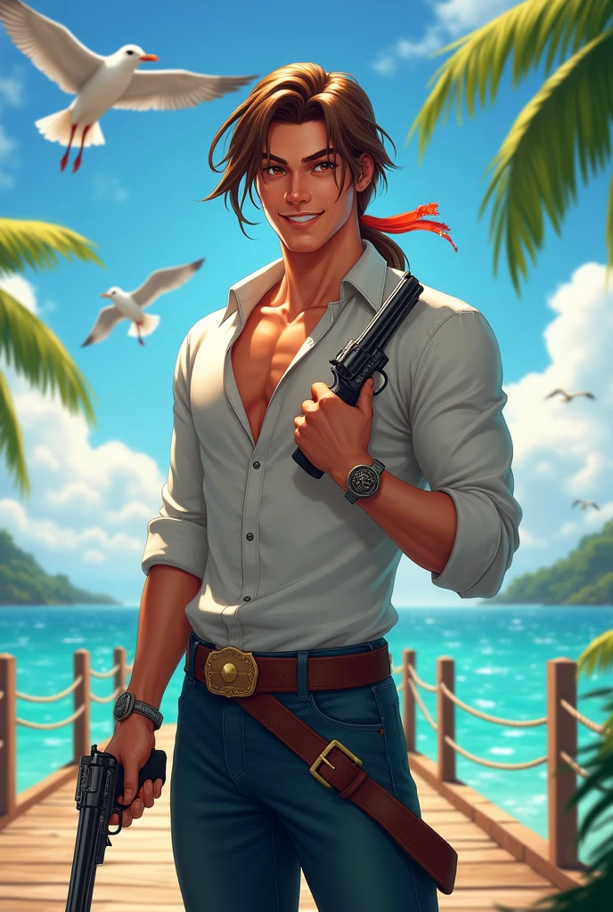Fantasy style, brunette, pistols, tropical, seagulls, looking at viewer, dock, seascape, sunny, male, smiling, hair ribbon, honey eyes
