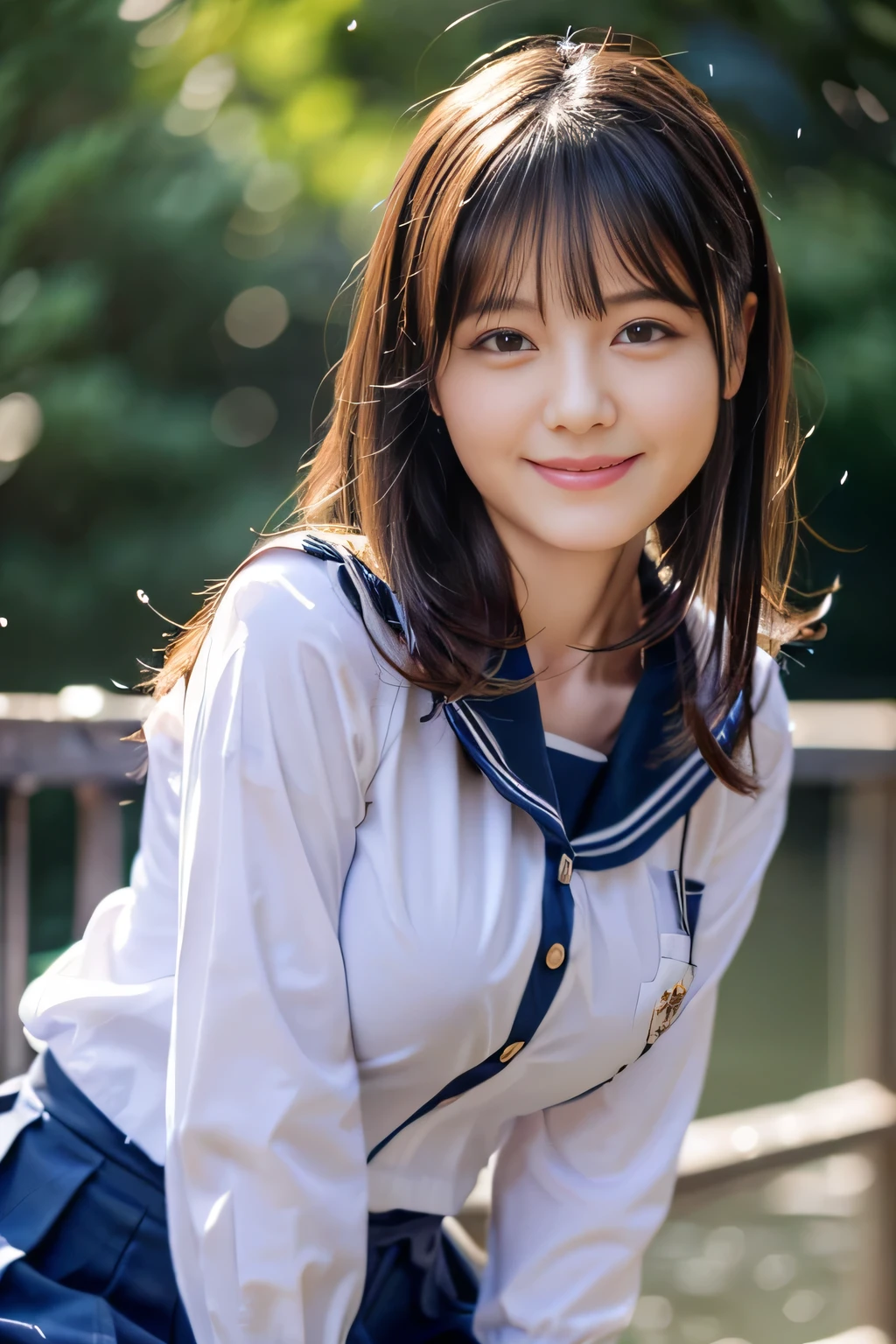 Enhanced dynamic perspective,cute cute beautiful girl,JK uniform,look at me and smile,simple background,works of masters,high quality,4K resolution,super fine,detailed pubic hair,Accurate,cinematic lighting,Retains original facial proportions、(big and full breasts:1.3)、(button gap)、(very wet body:1.2)