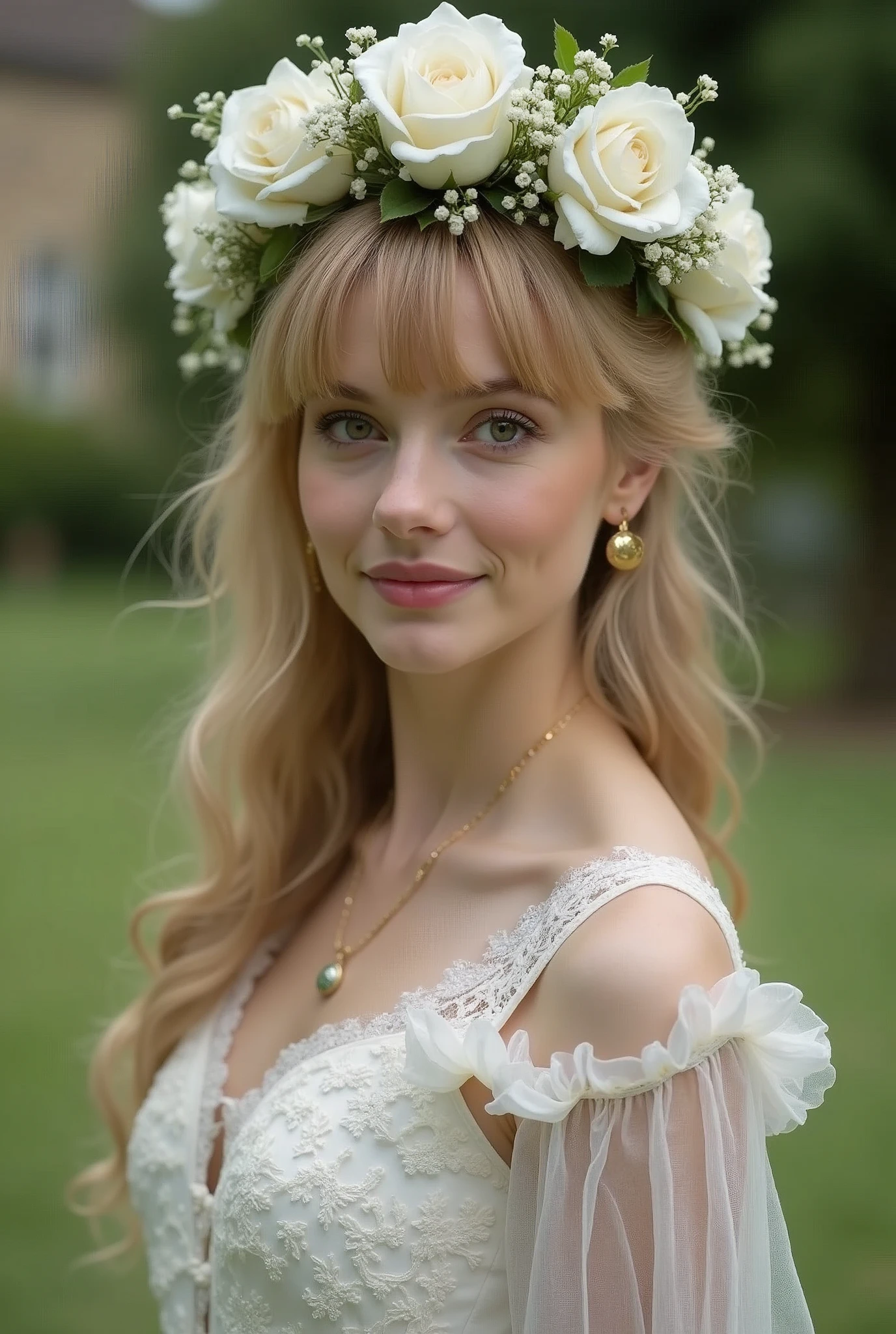  Rose line ,White Rose, Scottish girl, another  lost Holy Grail,  ((many White  rose Flower on park:1.3)), looking at viewer, Scottish woman , 18 age old, (gold hair, middle hair, , fringe brown eyes, beautiful lip, big smile), gold crescent earrings, gold neckless, ((white flower crown, little Rose crown )), (big breasts, slender whist, wide hip) ,((White  lace Wedding dress, White Hi-heal)), in London Church, textured skin , HI detailed skin, (foreshortening, Canon, UHD, anatomically correct, super detail, high details, highness,