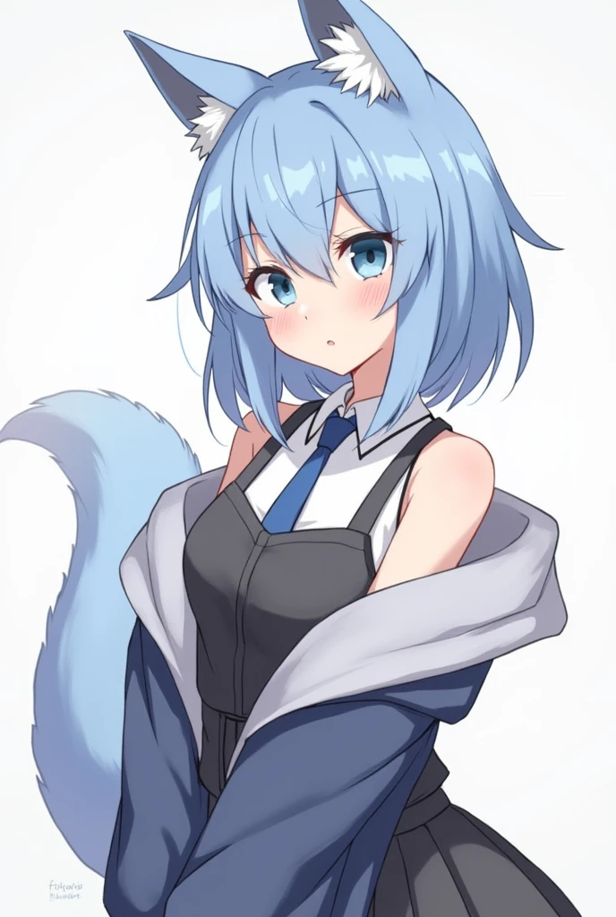 1 girl, blue fur, wolf girl, breasts small, schoolar uniform, topless Retrato, simple background, (velues:1.5) 
