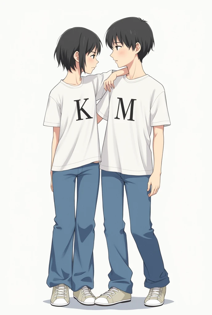 A girl cut black hari shot, wear blue trouser, K letter white t-shirt her near a boy wear blue trouser, M letter white t-shirt