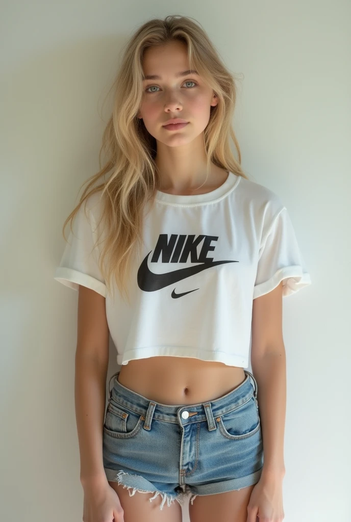 14 year old blond girl. Nike crop tee draping over boobs, unbuttoned Jean shorts