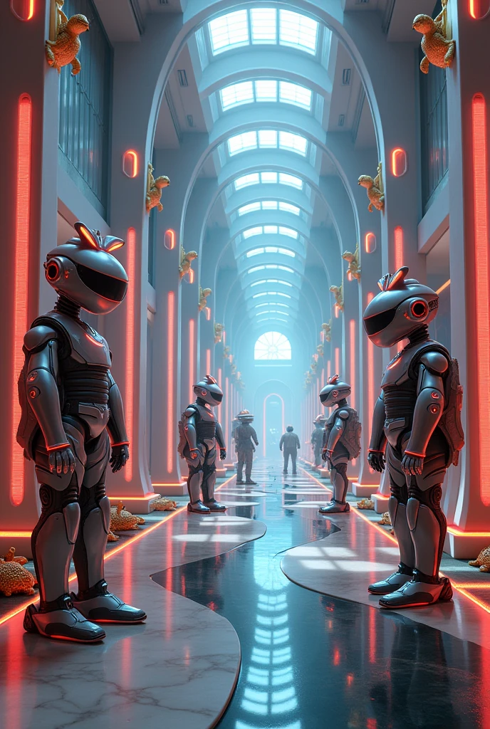 Salle futuriste avec des robots de décoration stylé et des néon et des statues de tortue en or sur les côtés 