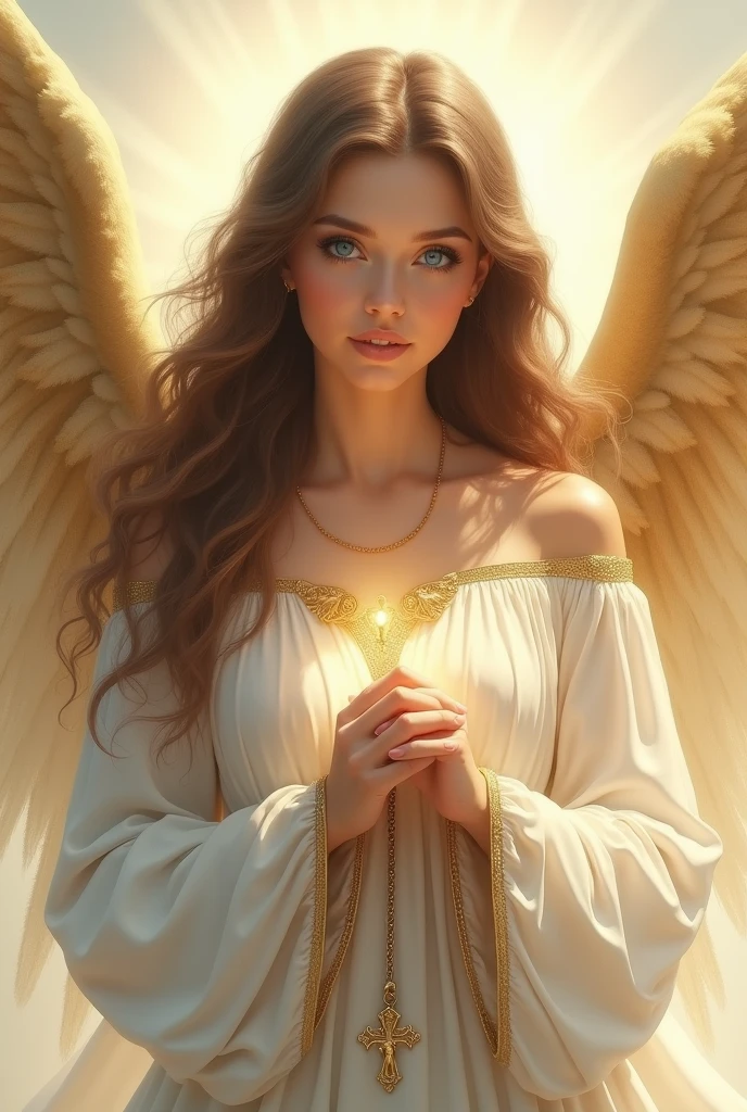 Little blue eyed angel, Brown hair with golden wings, white outfit with gold details, and rosary in hands 
 