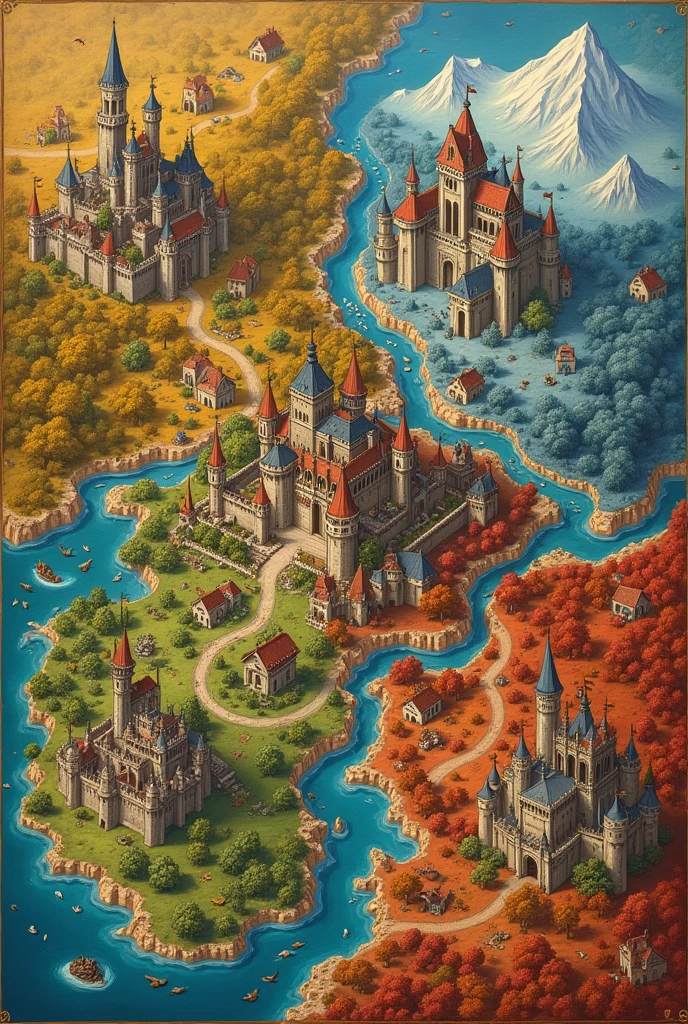 Design a medieval map where it is divided into four sections based on the four seasons (summer, spring, autumn and winter) and each one has its own city, the character of each season and the castles of each one stand out