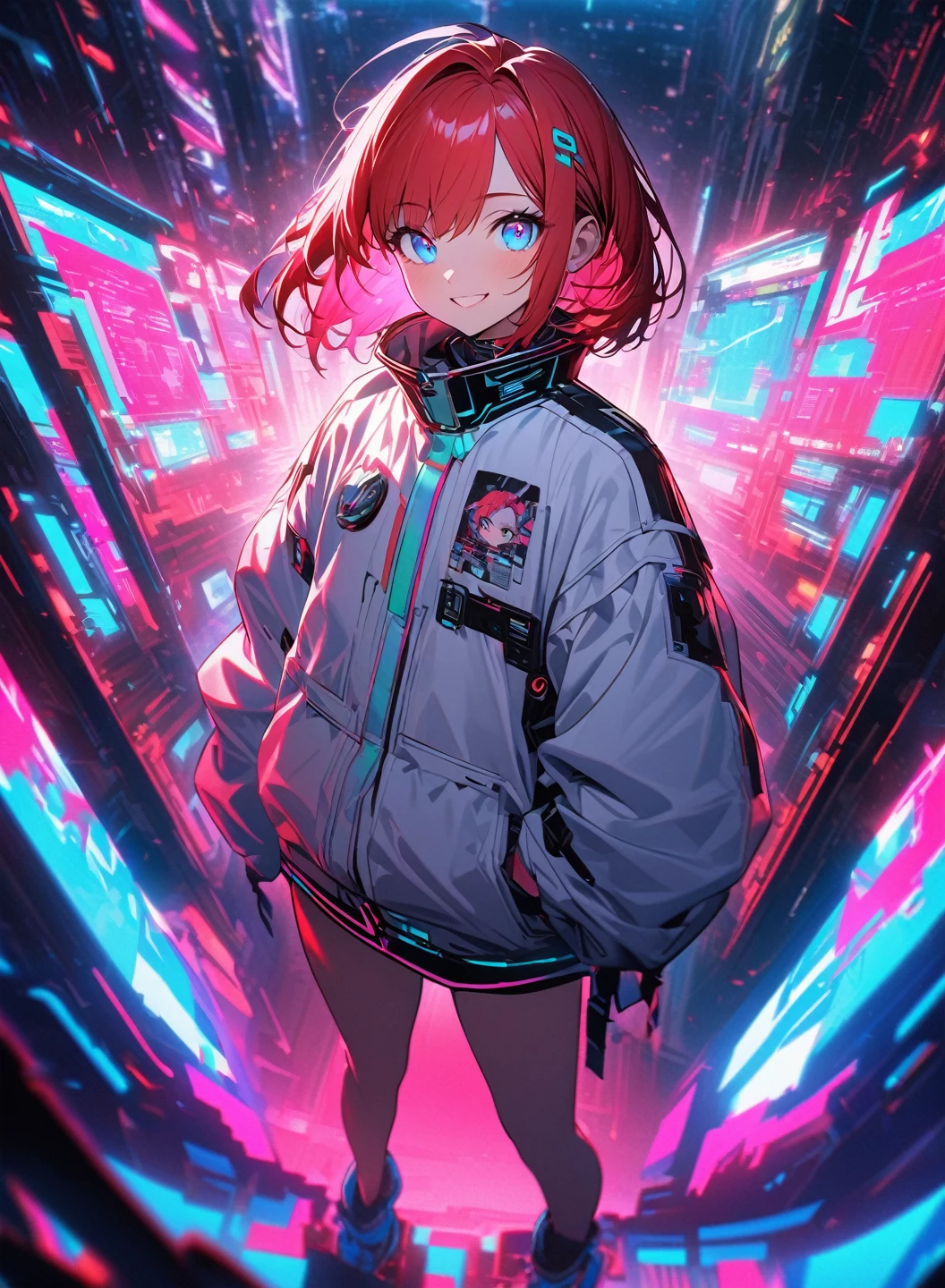 cyber punk,Red hair,蛍光のRed hair,Fluorescent red eyes,cyber punkな背景,Blurred Background,White jacket,Rainbow High Resolution, High detail, Ultra high definition, ((Glowing blue eyes)),Character portrait, Wide-angle shot, smile,whole body