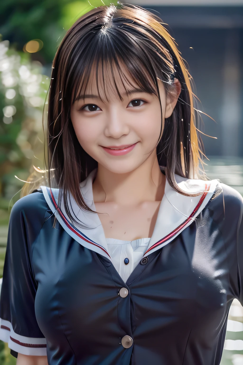 Enhanced dynamic perspective，cute cute beautiful girl，JK uniform，look at me and smile，simple background，works of masters，high quality，4K resolution，super fine，detailed pubic hair，Accurate，cinematic lighting，Retains original facial proportions、(big and full breasts:1.3)、(button gap)、(very wet body:1.37)